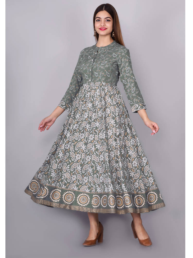 Grey Printed Anarkali Dress