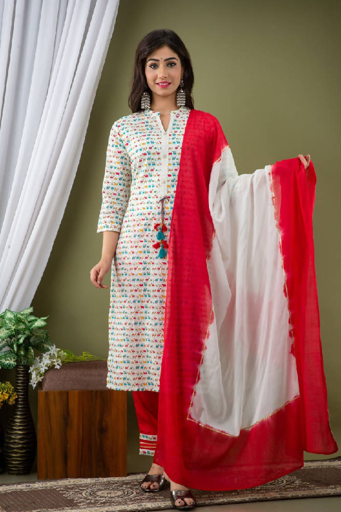 White Animal Printed Suit With Red Pant & Dupatta