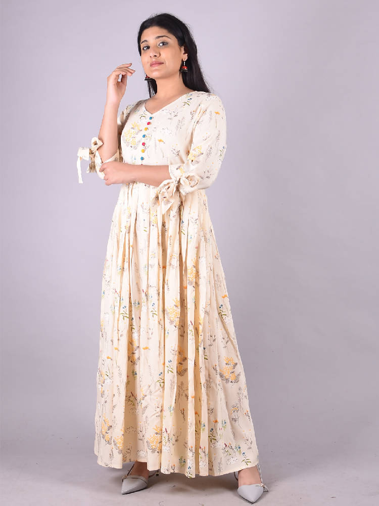 Cream Floral Printed Flared Gown