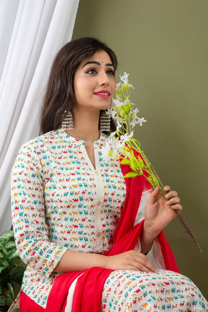 White Animal Printed Suit With Red Pant & Dupatta