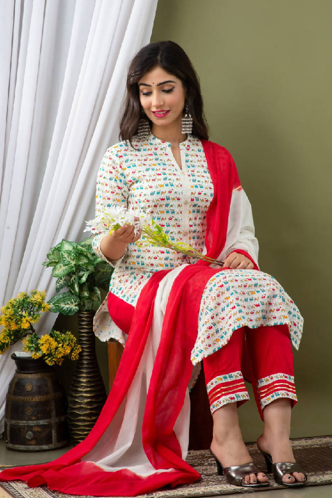 White Animal Printed Suit With Red Pant & Dupatta