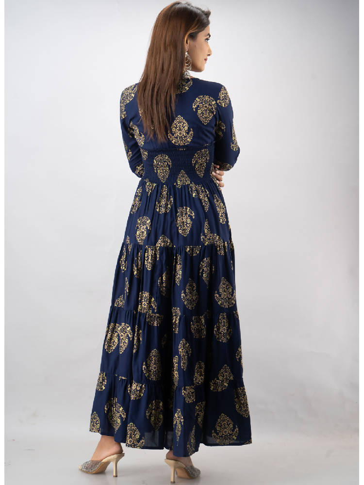 Navy Printed Body Fit Tire Style Flared Dress