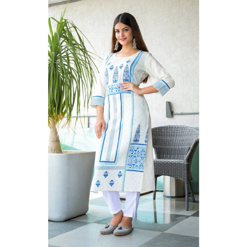 White & Aqua Hand Work Straight Kurta