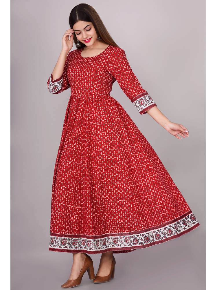 Red Printed Anarkali Dress