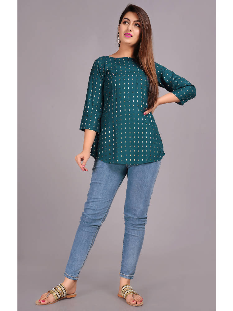 Green Gold Print Short Kurti