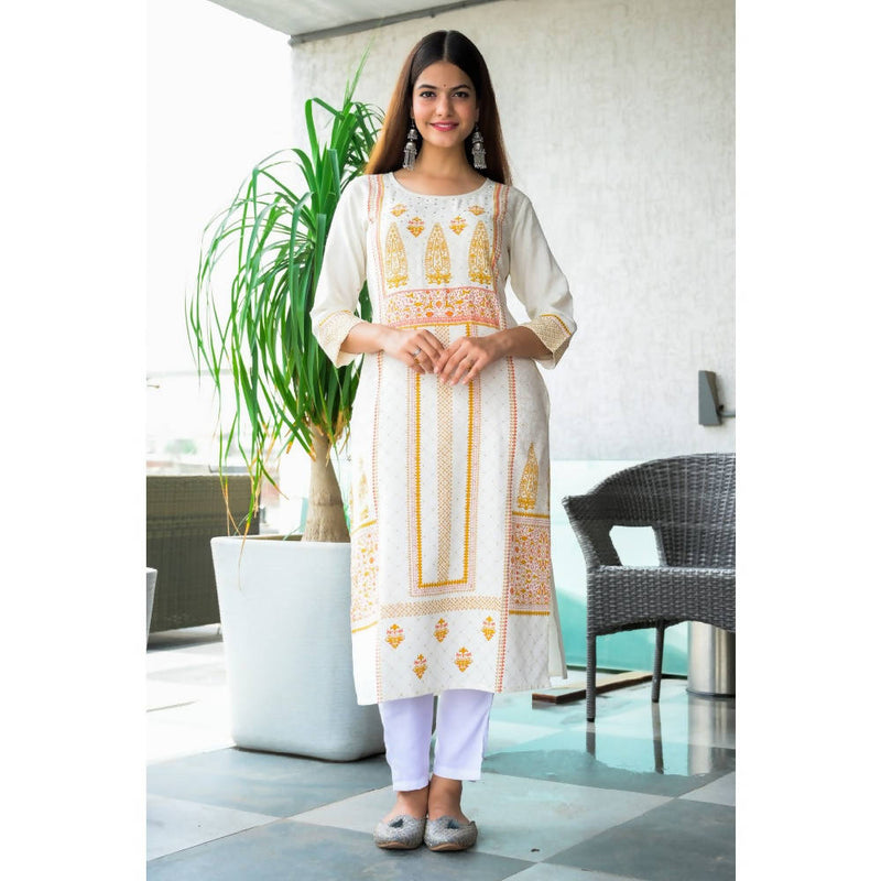 White & Mustard Hand Work Straight Kurta