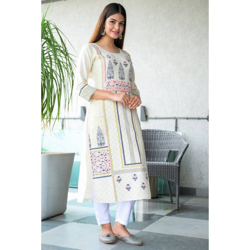 White & Navy Hand Work Straight Kurta